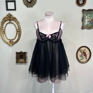 Vintage Victoria's Secret Sheer Black Lace Babydoll Lingerie Set Pink Bow 36B